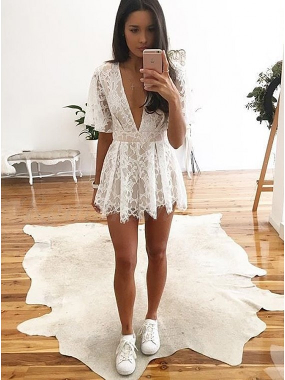 white lace v neck dress