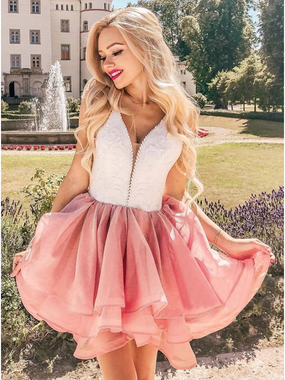 A-Line V-Neck Short Pink Tiered Homecoming Dress with Lace - $99.99 ...