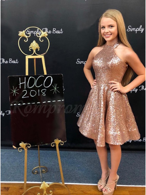 A-Line Jewel Knee-Length Rose Gold Sequin Homecoming Party Dress
