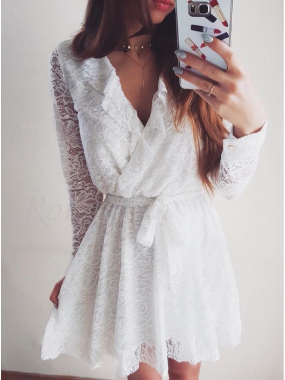 white lace short dress long sleeve