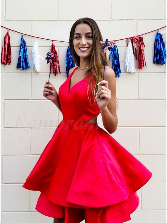 V-Neck Open Back Red Homecoming Dress with Tiered Short Party Dress