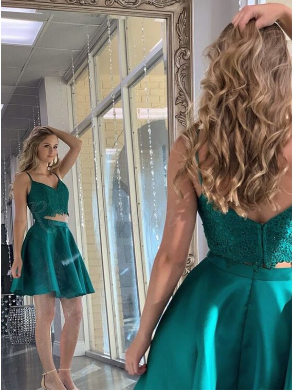 Simple Short Dark Green Two Piece Homecoming Dress with Lace