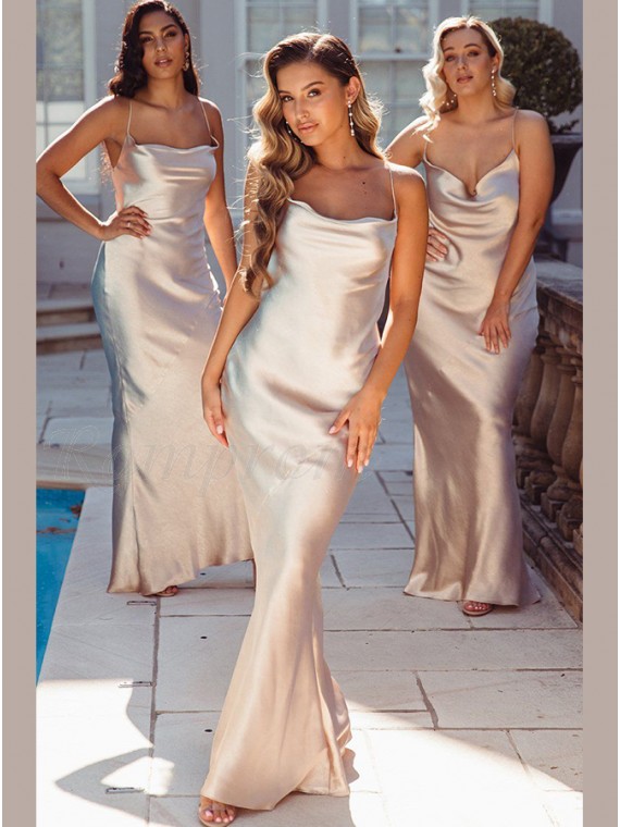 Mermaid Satin Sleeveless Spaghetti Straps Long Bridesmaid Dress With Criss-Cross Straps