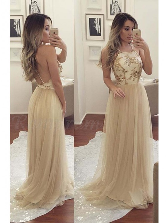 A-Line  Spaghetti Straps Criss-Cross Straps Sweep Train Champagne Prom Dress 