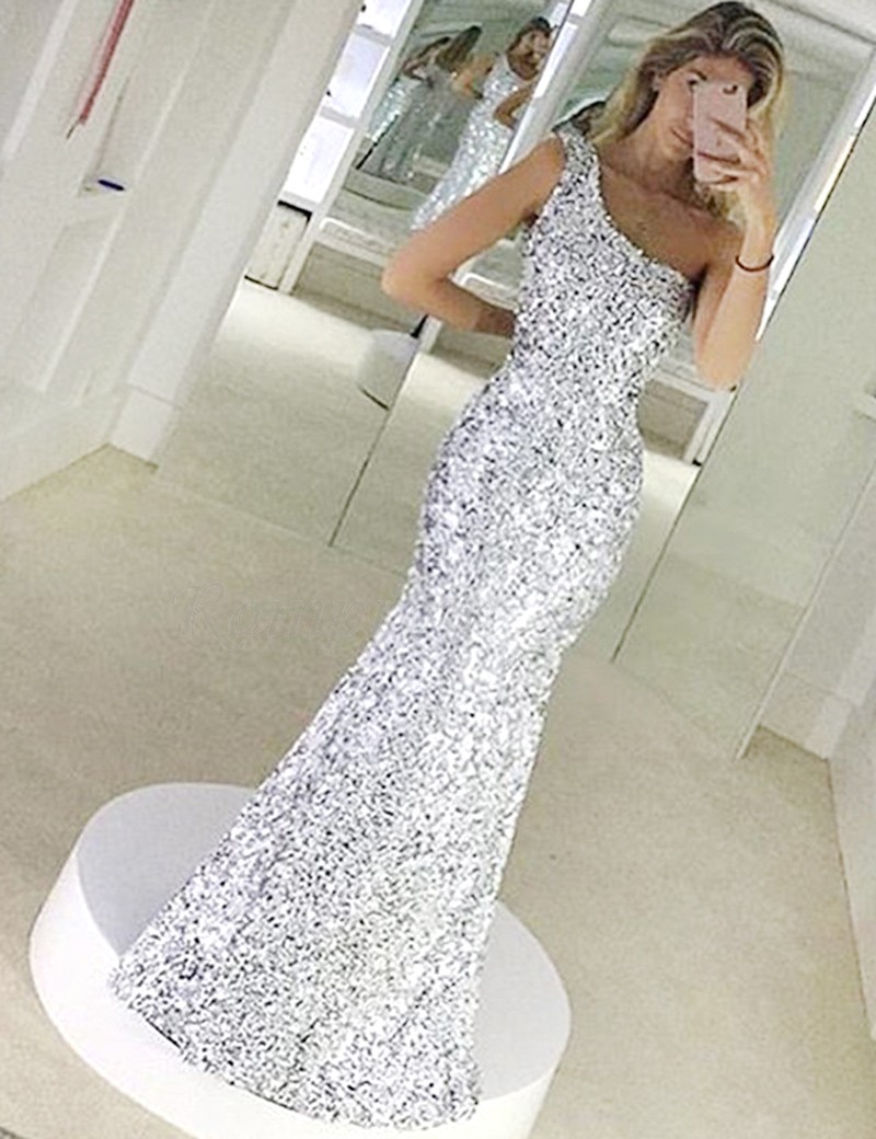 silver sequin floor length dress