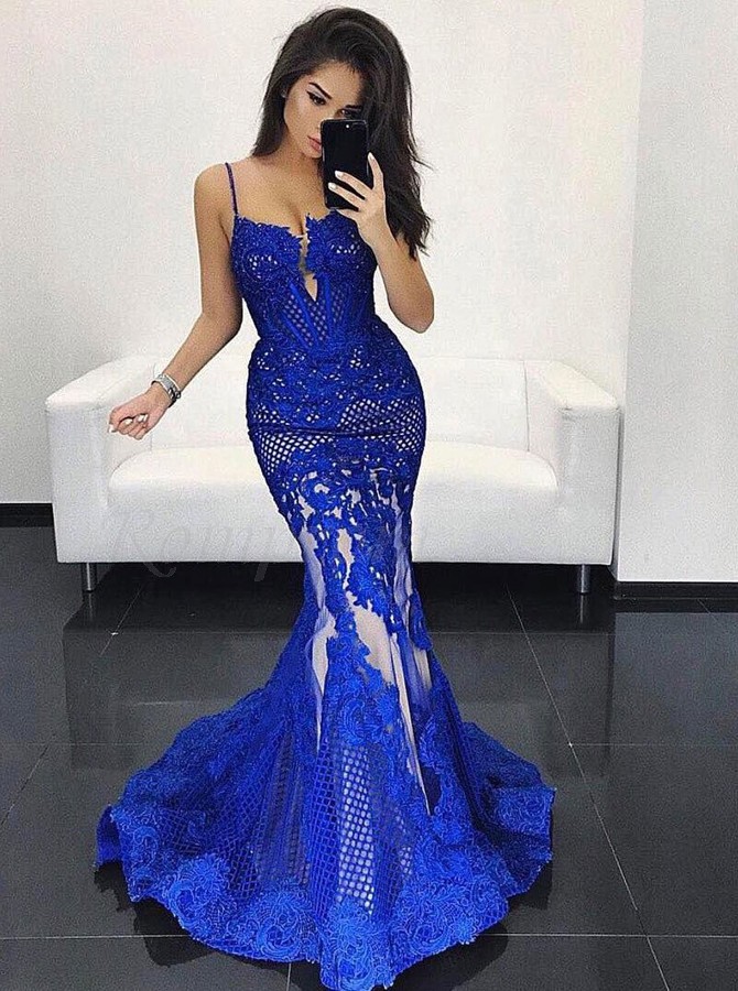 spaghetti strap royal blue dress