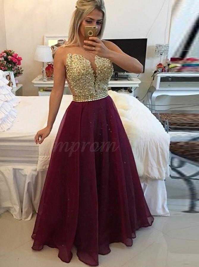 A-line Chiffon Beaded Burgundy Prom / Evening Dress with Appliques ...