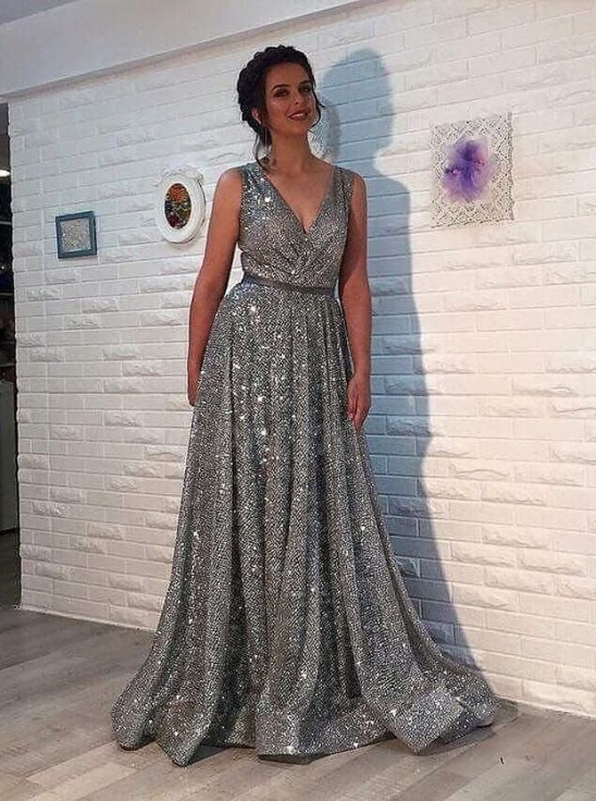 grey glitter prom dress