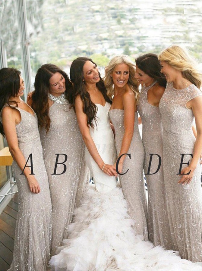 silver lace bridesmaid dresses