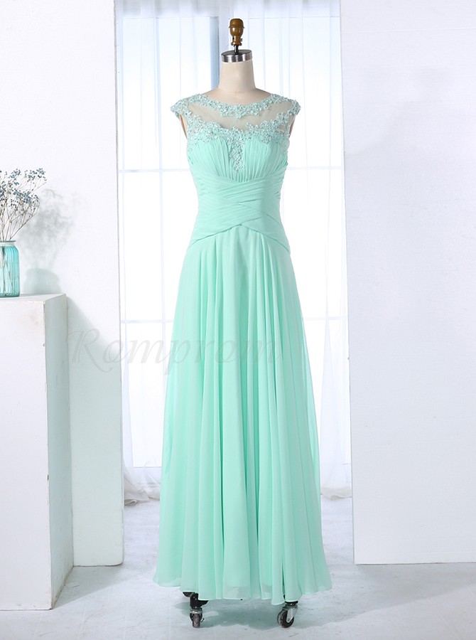 A-Line Bateau Ruched Mint Chiffon Prom Dress with Appliques Beading ...