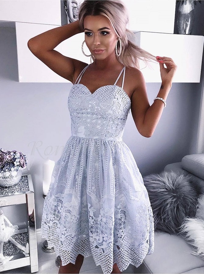 A-Line Spaghetti Straps Short Grey Lace Homecoming Dress - $116.99 only ...