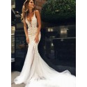 Mermaid V-Neck Backless Lace Wedding Dress with Appliques 