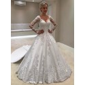 Ball Gown V-Neck Long Sleeves Watteau Train Wedding Dress with Appliques