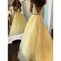 A-Line V-Neck Diffodil Prom Dress with Beading Appliques