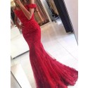 Mermaid Off the Shoulder Short Sleeveless Lace Red Prom Dress with Beading
