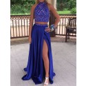 Two Piece Open Back Slit Leg Beaded Long Royal Blue Prom Dress