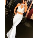 Two Piece Open Back Ligth Blue Mermaid Prom Dress with Appliques Beading 