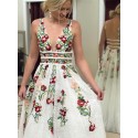A-Line Deep V-Neck Backless White Prom Dress with Appliques