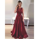 A-Line Jewel Floor-Length Burgundy Satin Prom Dress With Lace