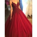 Ball Gown Spaghetti Straps Long Burgundy Prom Dress with Appliques Beading