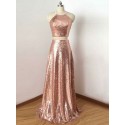 Two Piece Round Neck Open Back Rose Gold Sequined Prom Dress