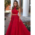 Two Piece High Neck Open Back Pearled Red Prom Dress with Appliques