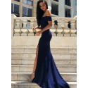 Mermaid Off-the-Shoulder Slit Leg Navy Blue Prom Dress with Sleeves