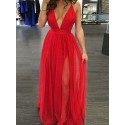 A-Line Deep V-Neck Criss-Cross Straps Slit Leg Red Prom Dress