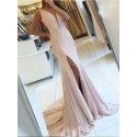 Mermaid V-Neck Slit Leg Beaded Pearl Pink Long Prom Dress