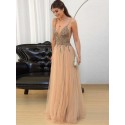 A-Line Spaghetti Straps Backless Champagne Long Prom Dress with Beading Sequins