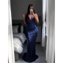 Mermaid Spaghetti Straps Backless Royal Blue Sequined Prom Dress