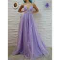 A-Line Spaghetti Straps Floor-Length Lavender Prom Dress with Sequins