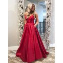 A-Line Spaghetti Straps Sweep Train Red Satin Prom Dress with Pockets