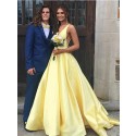 A-Line Daffodil Prom Dress with Pockets V-Neck Sleeveless Long Party Dress