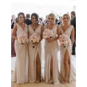 Sheath V-Neck Long Light Champagne Bridesmaid Dress with Split Ruched
