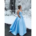 A-Line V-Neck Satin Sleeveless Long Light Blue Prom Dress with Beading
