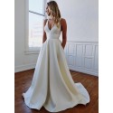 Simple V-Neck Long Open Back Sleeveless White Wedding Dress with Bowknot