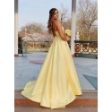 A-Line Satin Spaghetti Straps Long Daffodil Prom Dress with Beading Pockets