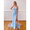 Strapless Long Mermaid Formal Gown Light Blue Prom Dress with Slit