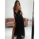 A-Line Black Prom Dress with Split Backless Long Party Dress