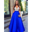 A-Line V-Neck Royal Blue Satin Prom Dress with Beading Pockets