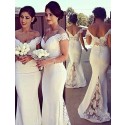 Mermaid Off the Shoulder Short Sleeves White Bridesmaid Dress with Lace