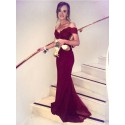 Mermaid Off the Shoulder Short Sleeves Long Burgundy Prom Dress with Lace