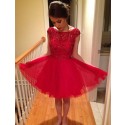 A-Line Bateau Cap Sleeves Knee-Length Red Homecoming Dress with Beading Lace