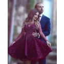 A-Line Long Sleeves Short Grape Beaded Lace Prom/Homecoming Dress