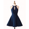 A-Line Jewel Keyhole Dark Blue Satin Short Homecoming Cocktail Dress