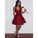 A-Line Spaghetti Straps Short Dark Red Satin Homecoming Dress with Pockets