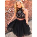 Two Piece Halter Above-Knee Backless Black Homecoming Dress with Embroidery