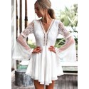 A-Line V-Neck Open Back Bell Sleeves Short White Chiffon Homecoming Dress with Lace