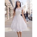 A-Line Scalloped-Edge Tea-Length White Homecoming Prom Dress with Appliques